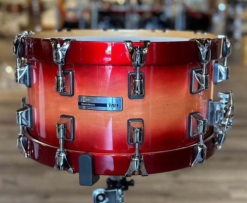 Used Taye Studio Maple Snare Drum 14x7 Natural to Candy Apple Red Burst