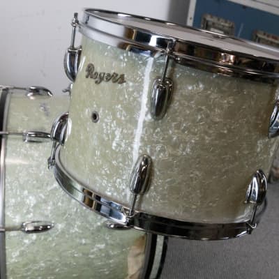 1960s Rogers 14x20 9x13 and 16x16 White Marine Pearl Drum Set image 11
