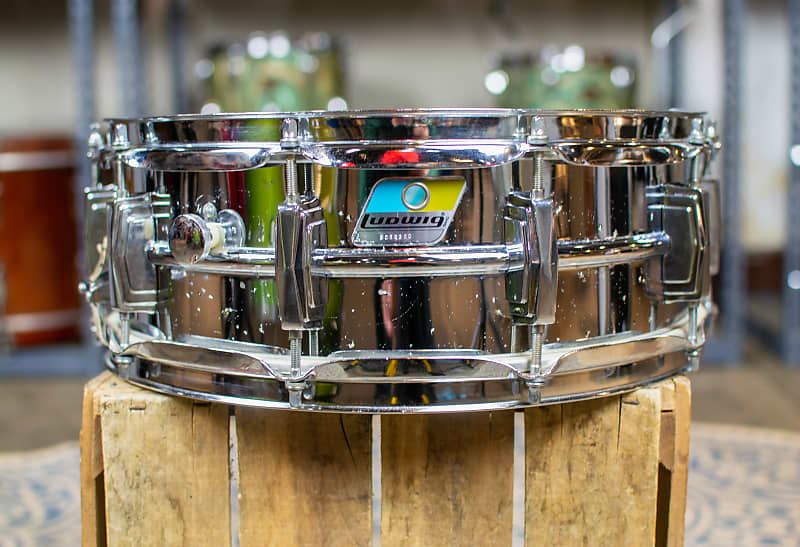 Ludwig No. 400 Supraphonic 5x14" Aluminum Snare Drum with Rounded Blue/Olive Badge 1979 - 1984 image 5