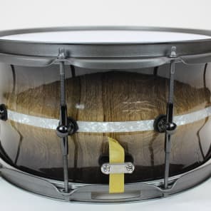 HHG drums 14x7 Contoured White Oak Stave Snare Drum 2017 High Gloss Whisky Burst With White Marine Pearl Inlay And Powder Coated Hardware image 4