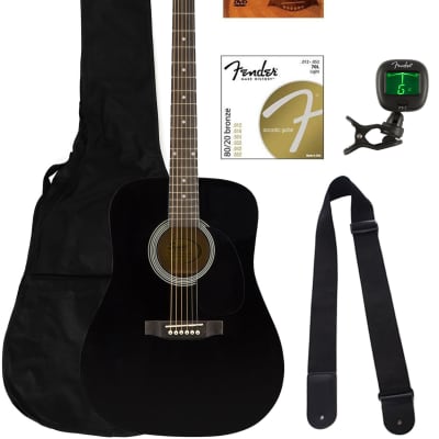 Fender Squier Dreadnought Acoustic Guitar - Black Bundle with Gig Bag, Tuner, Strap, Strings, Picks, Fender Play Online Lessons, and Austin Bazaar Instructional DVD for sale