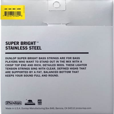 Dunlop Super Bright Stainless Steel 4-String Bass Strings, Light (40-100) image 2