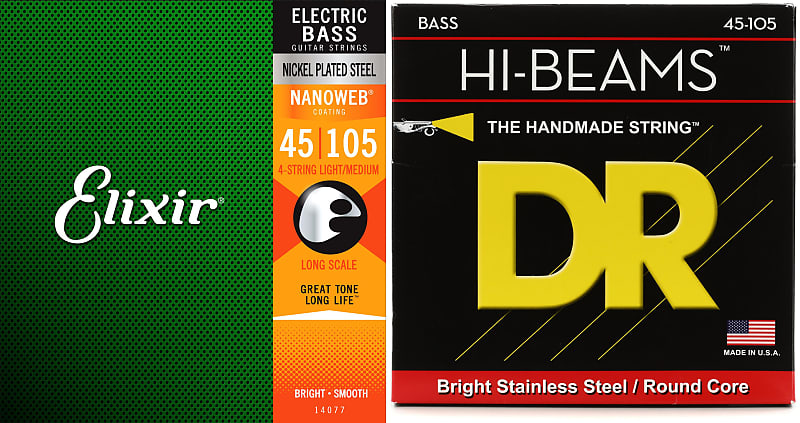 Elixir Strings 14077 Nanoweb Electric Bass Guitar Strings .045 .105 Light Medium Long Scale Bundle with DR Strings MR 45 Hi Beam Stainless Steel