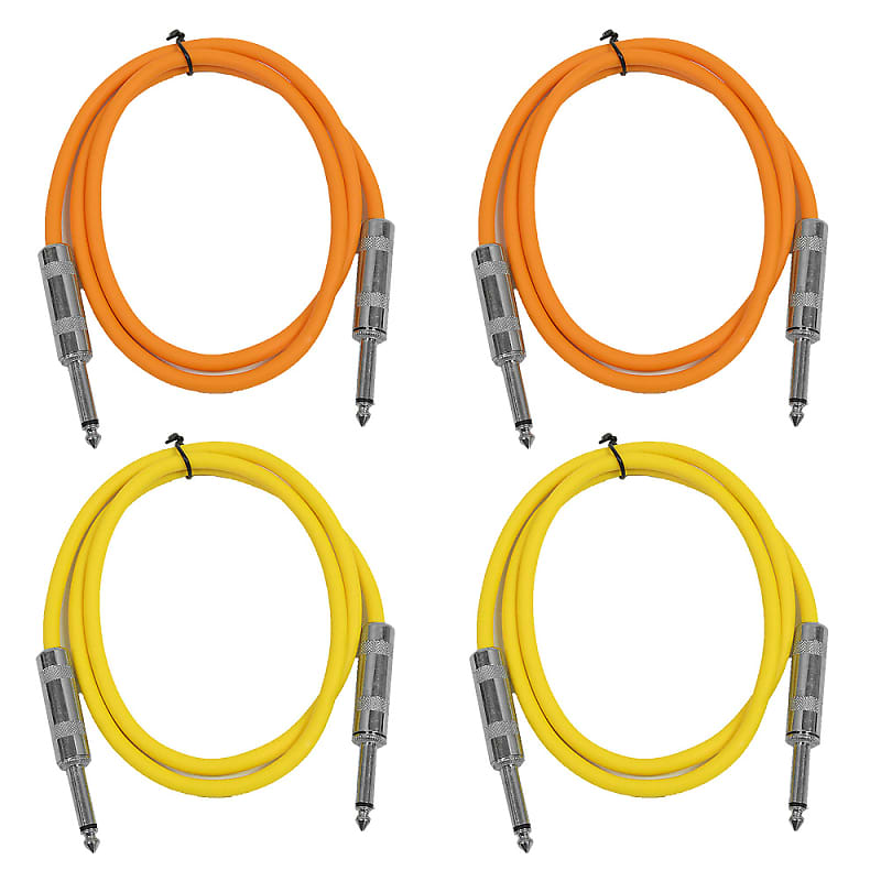 4 Pack of 2 Foot 1/4" TS Patch Cables 2' Extension Cords Jumper - Orange & Yellow image 1