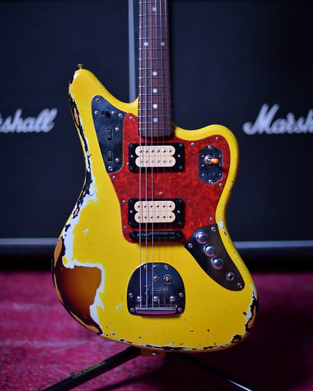 Fender Japan Jaguar Kurt Cobain Graffiti Yellow over Sunburst Heavy Relic  CIJ