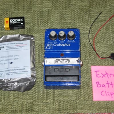 used naturally reliced from player's wear vintage DOD FX35 Octoplus - Octave effect pedal for guitar or bass, ANALOG, mid to late 1980s, USA + battery, strings, & extra battery clip (NO box / NO paperwork / NO adaptor) for sale