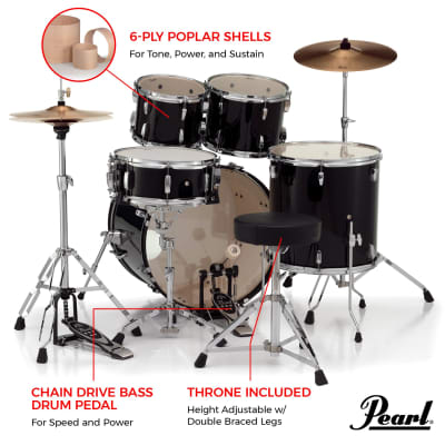 Pearl RS505C/C31 Roadshow 10 / 12 / 14 / 20 / 14x5" 5pc Drum Set with Hardware, Cymbals 2014 - 2023 - Product Color: RED WINE image 7