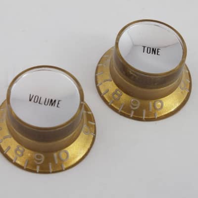 Pair of Gold Mirror Reflector Knobs 1 Vol & 1 Tone embossed numbers for USA Gibson guitars