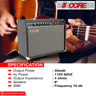 5 Core Electric Guitar Amplifier 40W Solid State Mini Bass Amp w 8” 4-Ohm Speaker EQ Controls Drive Delay ¼” Microphone Input Aux in & Headphone Jack for Studio & Stage for Studio & Stage- GA 40 BLK image 6