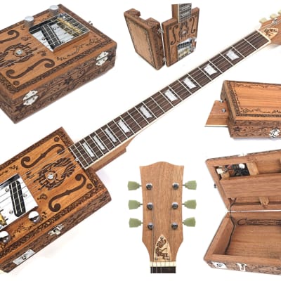 Handcrafted Engraved Solid Mahogany 6 String Opening Body Full 24.75"Scale Electric Cigar Box Guitar image 1