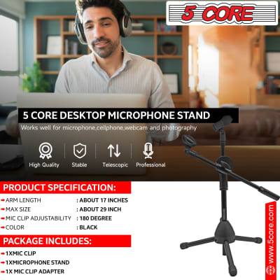 5 Core 360° Double Mic Stand PAIR w Boom Arm Height Adjustable Short Low Profile Microphone Tripod Black Mini Mic Stand with Dual Mic Clip Holders MS DBL S 2 Pcs image 10