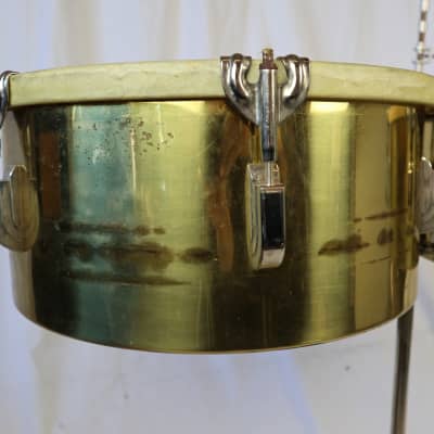 Leedy Vintage Humberto Morales Brass Timbale Set w/Stand & Case. Calf Heads image 10