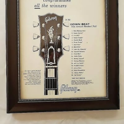 1966 Gibson Guitars Promotional Ad Framed Gibson L-5 Downbeat Readers Poll Wes Montgomery Original for sale