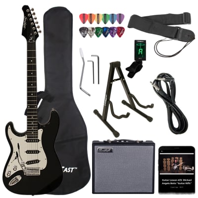 Sawtooth Left-Handed Black ES Series Electric Guitar w/ Chrome Pickguard - Includes: Accessories, Amp & Gig Bag image 1
