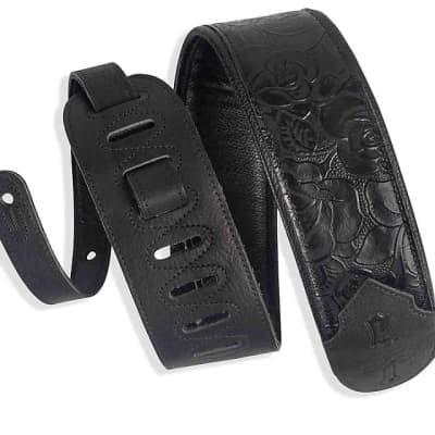 Levy's 3 inch Embossed Leather Guitar Strap With Garment Leather Backing. 2-ply Strap - Distressed Rose Embossed Leather In Black And Black Soft Garment Leather Backing. Floret Stitched End Tabs. Adjustable - 37" - 52".
