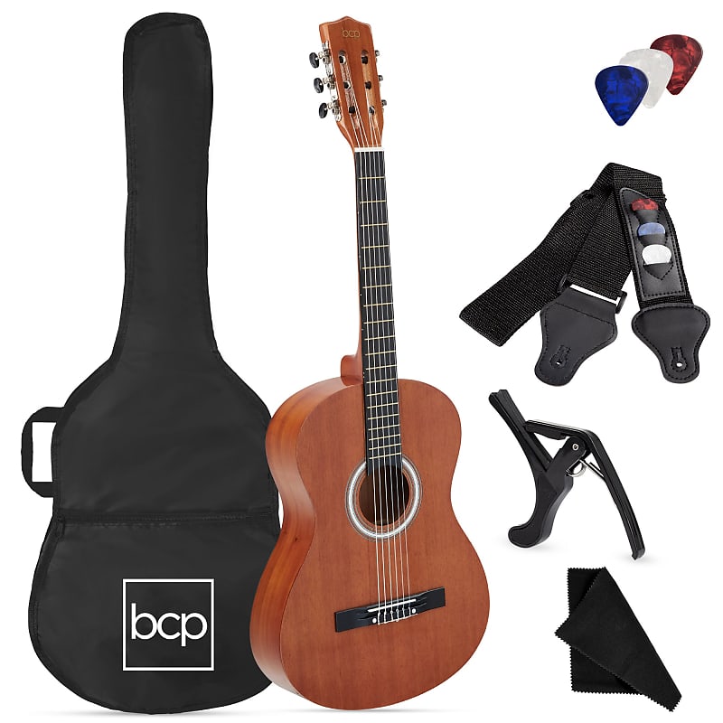 Best Choice Products Beginner Acoustic Guitar Set w/ Case, Strap, Strings - 38in-Natural Mahogany image 1