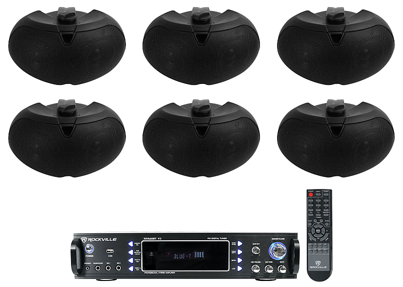 (6) Rockville D4-16 Black Dual 4&quot; 16 Ohm Outdoor Home Patio Speakers+Receiver  			