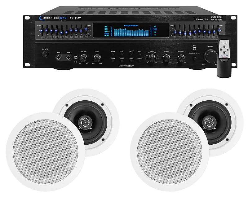 Technical Pro Home Theater Amplifier Receiver+(4) 5.25&quot; White Ceiling Speakers  			