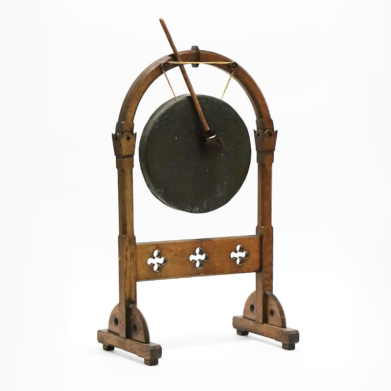 Victorian Era Gothic Revival Dinner Gong 14” Brass Cymbal & Oak Frame Stand Rare Vintage Percussion w/ Mallet image 1