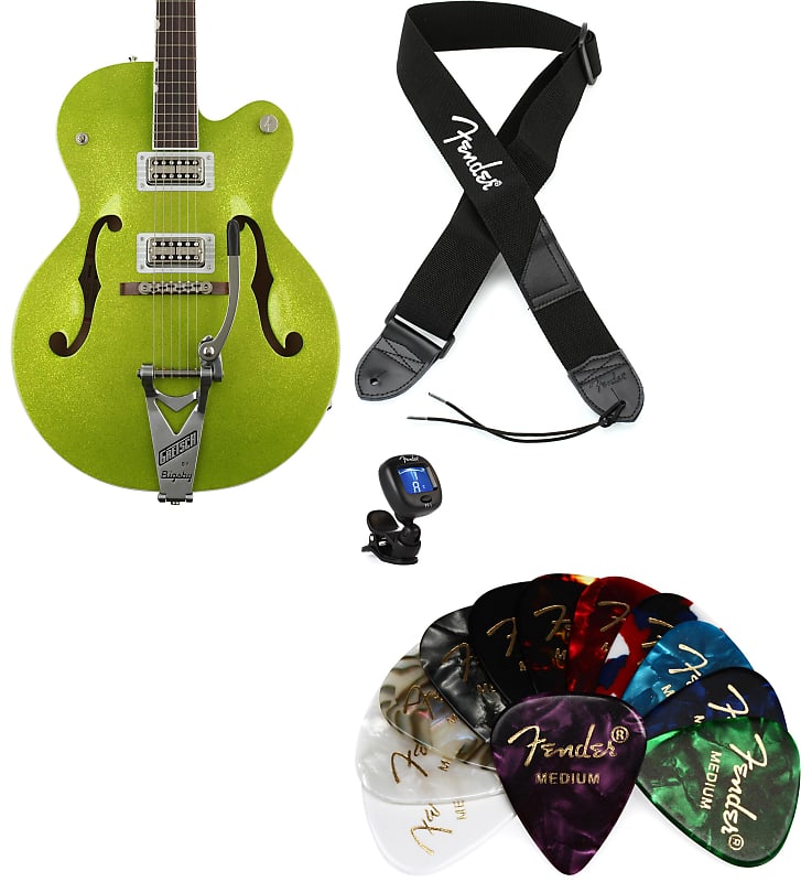 Gretsch G6120T Brian Setzer Signature Hot Rod - Extreme Coolant Green Sparkle  Bundle with Fender 2" Polyester Logo Strap - Black with White Logo... (4 Items) image 1