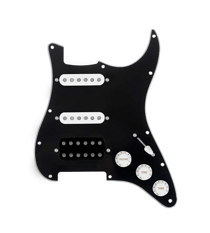 920D Custom HSS Loaded Pickguard For Strat With An Uncovered Smoothie Humbucker, White Texas Vintage Pickups, White Knobs, and Black Pickguard image 1