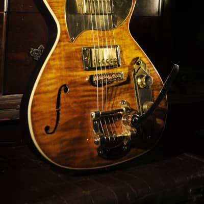 Postal Delta Zephyr Tigerburst Pearly Gates Pups Gold Bigsby Featured in vintage Guitar Magazine image 1