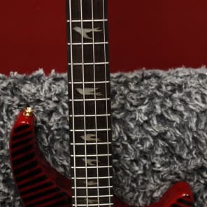 Defrancesco 4 string bass, red & black stripes, bird inlays, Jazz pickups + hard shell case image 6