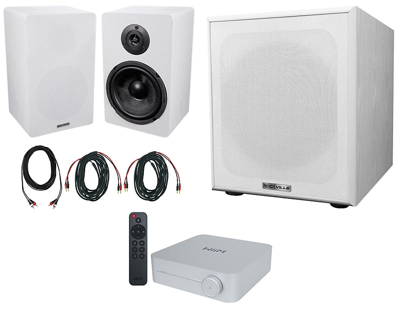 (2) Rockville RockShelf 68W 6.5&quot; White Bookshelf Speakers+Bluetooth/Wifi Amp+Sub  			