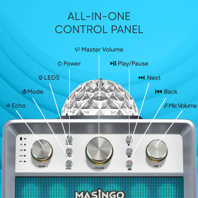 MASINGO 2023 Karaoke Machine for Adults & Kids with 2 UHF Wireless Microphones - Portable Singing PA Speaker System Set w/ Two Bluetooth Mics, Disco Ball Party Lights & TV Cable - Ostinato M7 Wood image 8