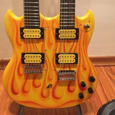 Custom Made 6 + 6 Baritone Solid Body Doubleneck Guitar 2022 Yellow w/ Flames image 1