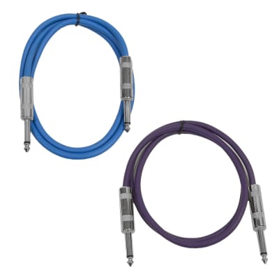 2 Pack of 3 Foot 1/4" TS Patch Cables 3' Extension Cords Jumper - Blue & Purple image 1