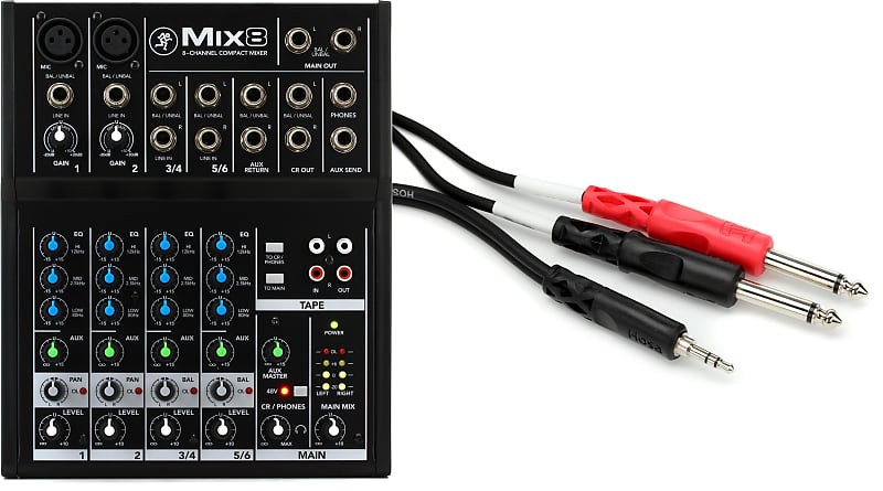 Mackie Mix8 8-channel Compact Mixer  Bundle with Hosa CMP-153 Stereo Breakout Cable - 3.5mm TRS Male to Left and Right 1/4-inch TS Male - 3 foot image 1
