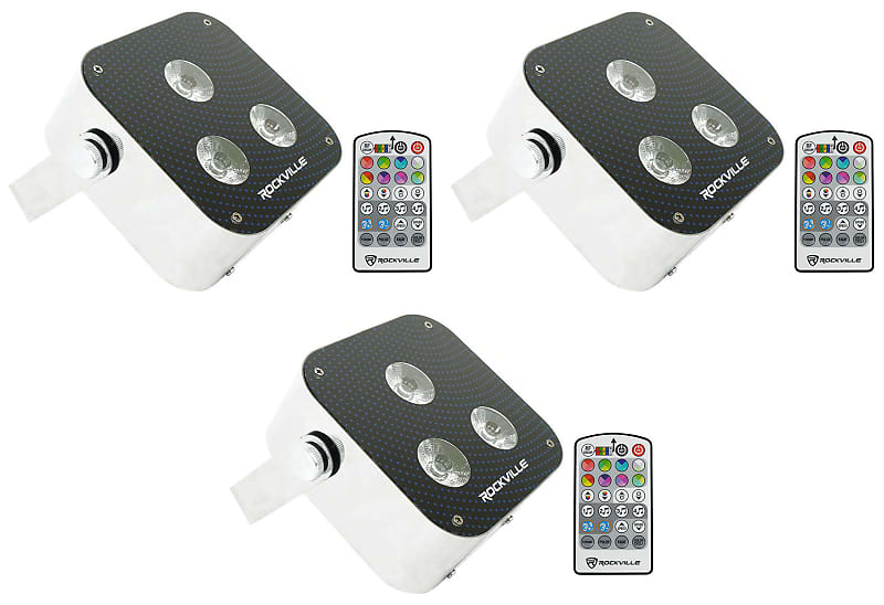 (3) Rockville Mini RF3 RGBWA+UV DMX DJ/Party LED Wash Lights+4-Ch. RF par Remote