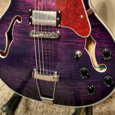 Grote Purple Flame Top Maple semi hollow body guitar with padded gig bag image 3