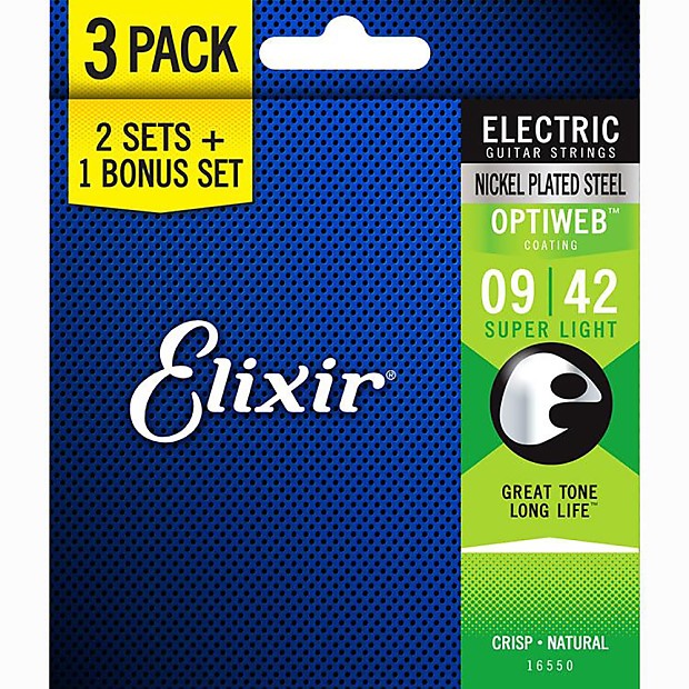 Elixir Limited Edition 3-Pack Nickel Plated Steel OPTIWEB Electric Guitar Strings, Super Light 9-42 image 1