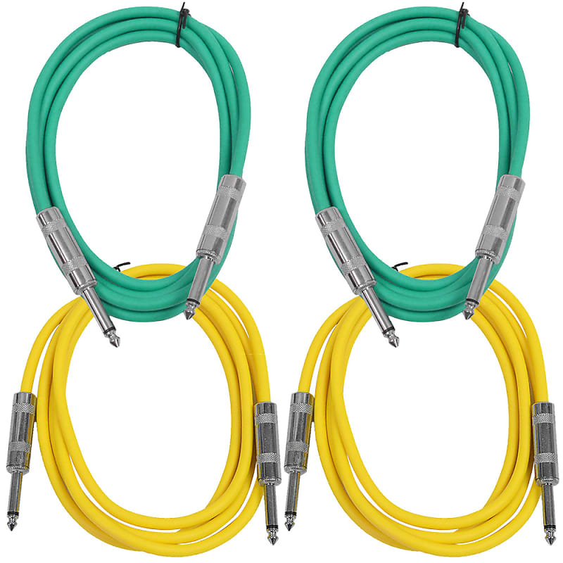 4 Pack of 6 Foot 1/4" TS Patch Cables 6' Extension Cords Jumper - Green & Yellow image 1