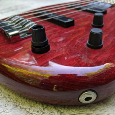 2007 Zon Sonus 4 String Bass, Ash, Trans Red, Custom Bartolinis, 24 Fret Neck, Bag image 4