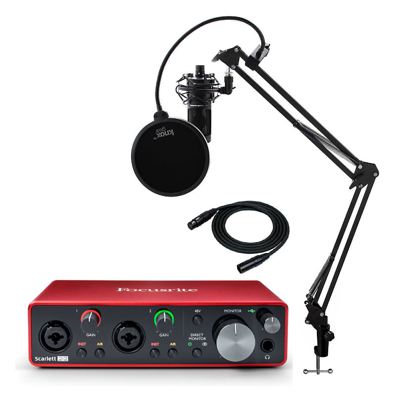 Focusrite Scarlett 2i2 3rd Gen 2x2 USB Audio Interface Bundle with AT2020  Mic, Knox Studio Stand, Shock Mount, Pop Filter and XLR Cable (6 Items)
