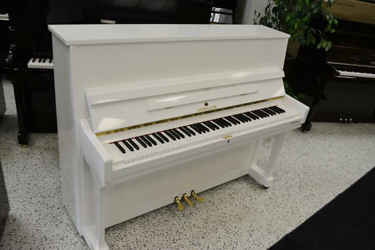 Schiller Performance White Polish Upright Piano | Reverb