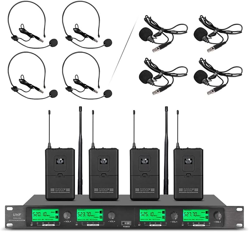 UHF Wireless Microphone System Pro UHF 4 Channel 4 Lavalier Reverb