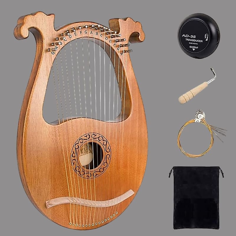 16 Metal Strings Mahogany Body Lyra Harp with Maple Saddle Carved Note Tuning Wrench Pickup Strings and Black Gig Bag image 1