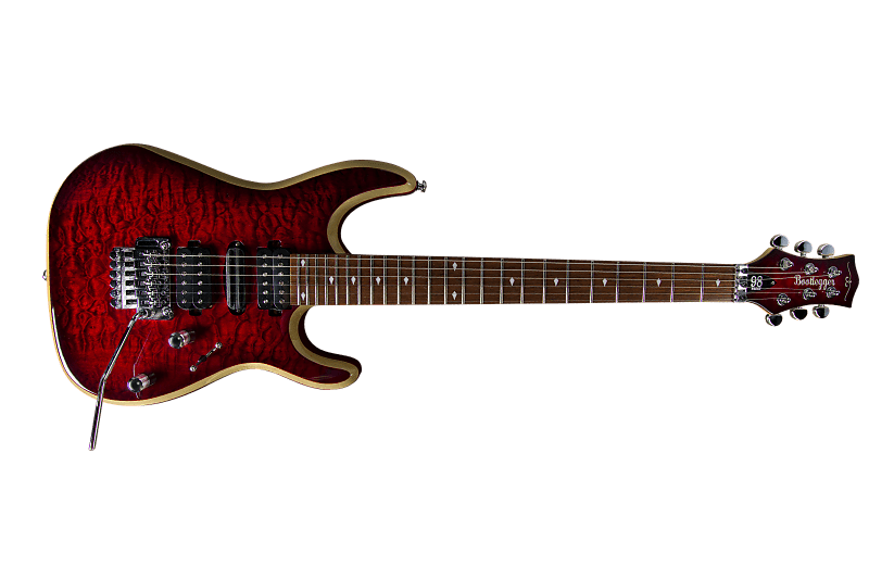 Bootlegger Guitar Royal Coil Split, HHH, Clear Deep Burgundy Quilted Maple, Double Lock Tremolo image 1
