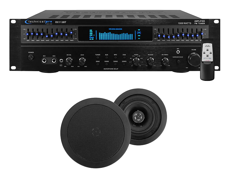 Technical Pro Home Theater Amplifier Receiver Bundle with (2) 5.25&quot; Black Ceiling Speakers  			