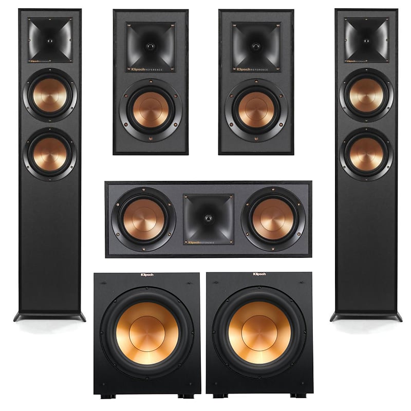 Klipsch Reference Series 5.2 Home Theater Pack with 2x R-625FA Floorstanding Speakers, R-52C Center Channel Speaker, 2x R-41M Bookshelf Speakers, 2x R-12SW Subwoofers, Black  			