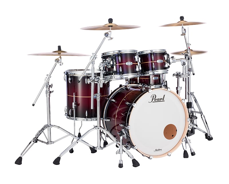 Pearl Masters Maple Complete 4-pc. Shell Pack features 22x18 bass drum,  16x16 floor tom, and 12x8 and 10x7 toms in (#836) Natural Banded Redburst  lacquer finish. MCT924XEDP/C836