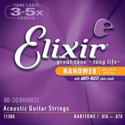 Elixir Strings 11306 Nanoweb 80/20 Acoustic Baritone Guitar Strings - .016-.070 6-string image 1