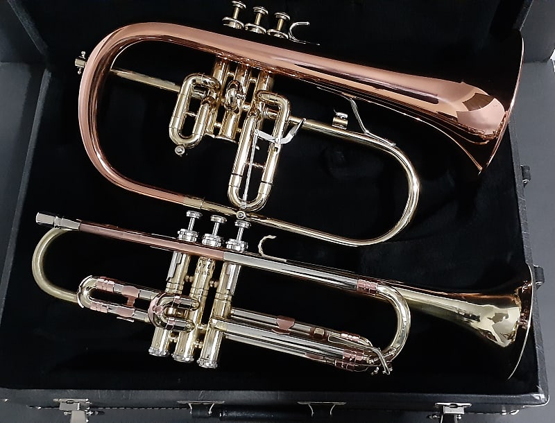 Blessing Flugelhorn & GETZEN Super Deluxe Trumpet W Combo Case & MP's - Clear Lacquer / Raw Brass image 1
