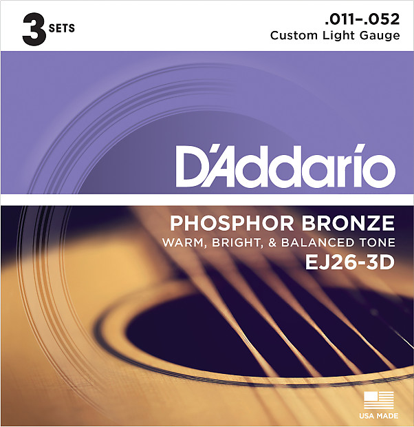 D'Addario EJ26-3D Phosphor Bronze Acoustic Guitar Strings, Custom Light, 11-52, 3 Sets image 1