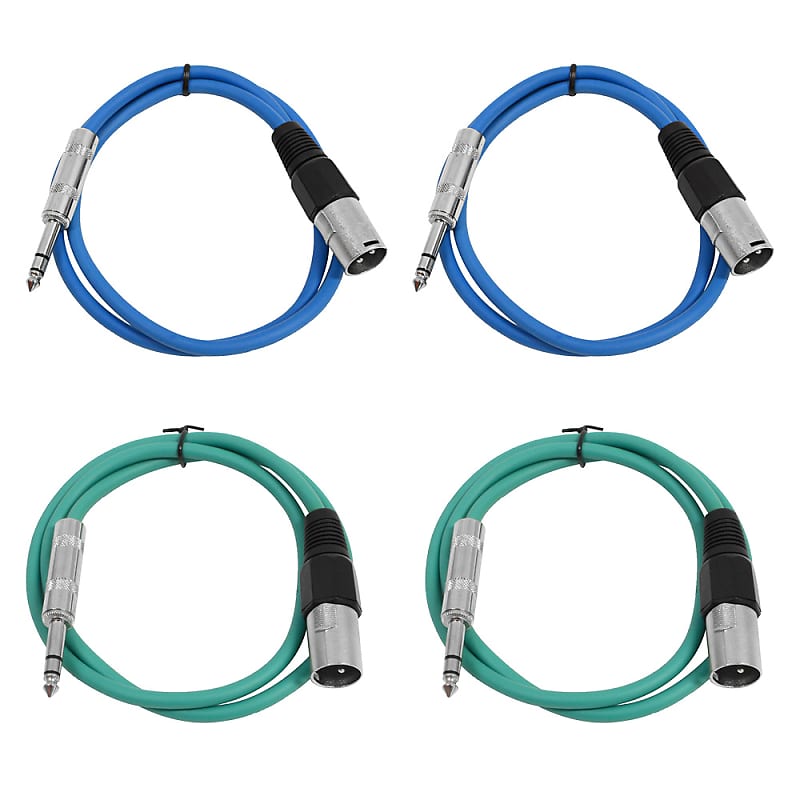 4 Pack of 1/4 Inch to XLR Male Patch Cables 3 Foot Extension Cords Jumper - Blue and Green image 1