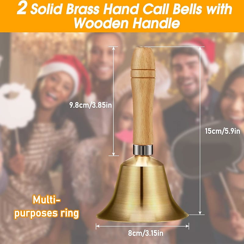 2 Pieces Solid Brass Hand Call Bells With Wooden Handle Handbells